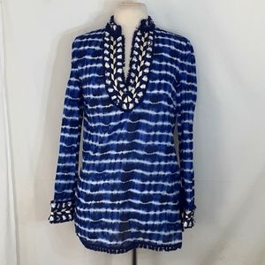 Tory Burch navy blue and white tie dye striped tunic blouse size 6 new with tags